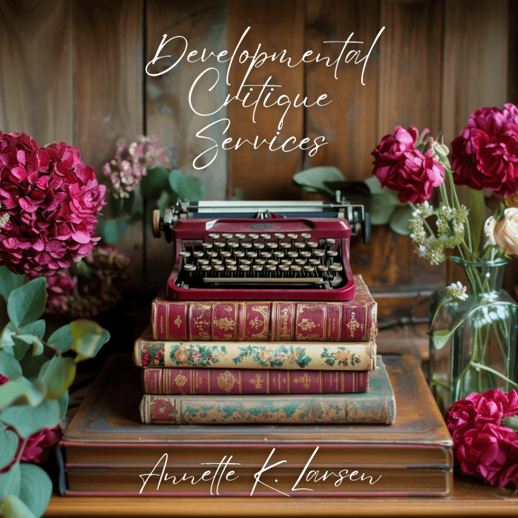Developmental Critique Services by Annette K. Larsen: a red typewriter on a stack of vintage books surrounded by flowers